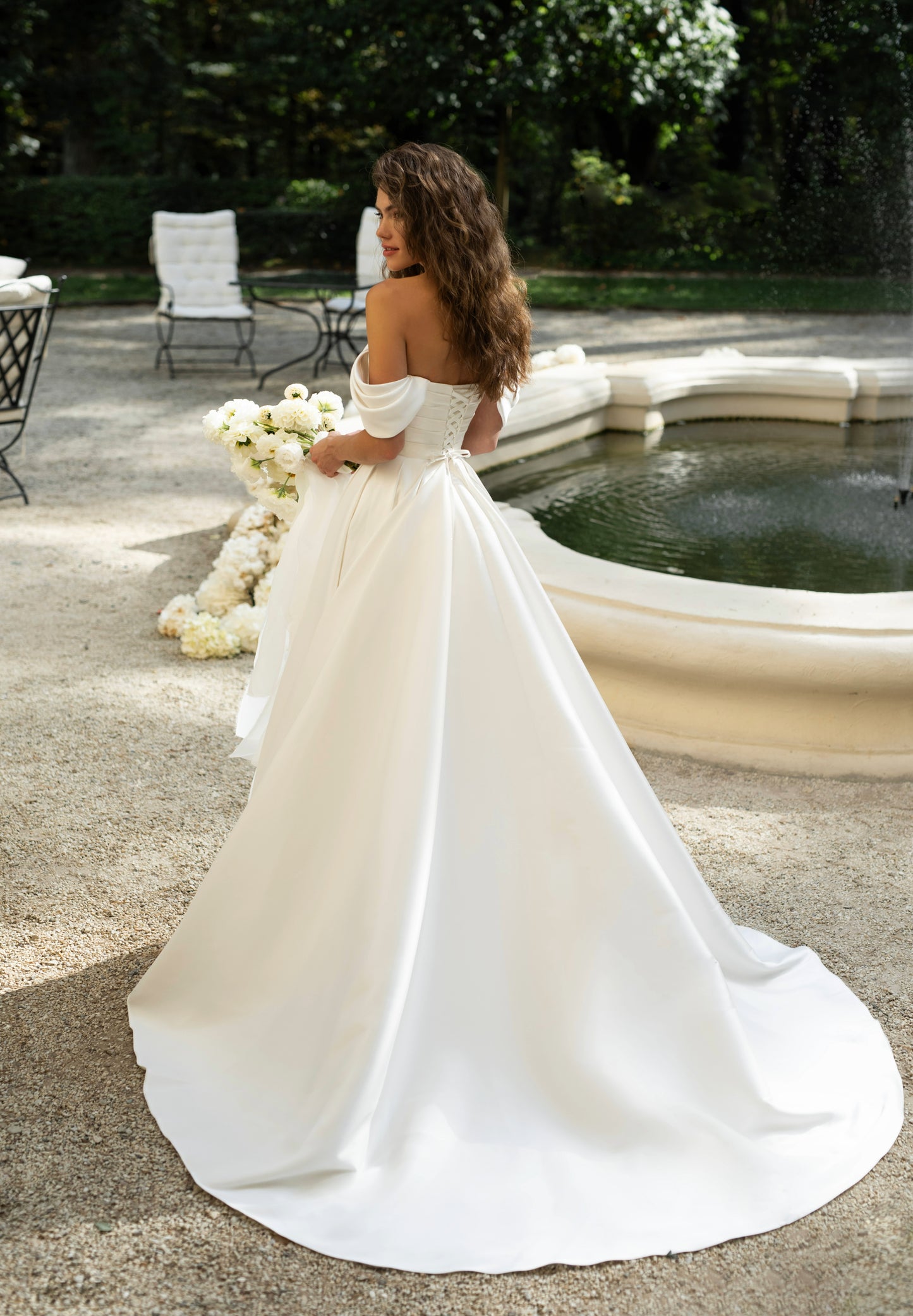 Classic Off-the-Shoulder Satin Ball Gown Wedding Dress with Pockets - Andrea