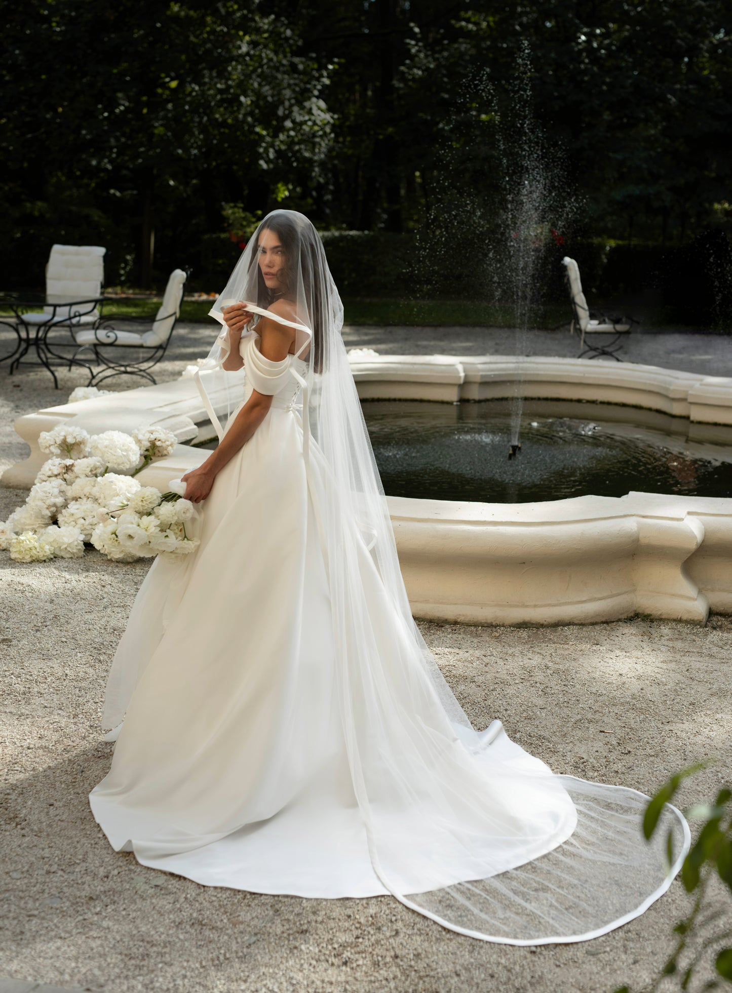 Classic Off-the-Shoulder Satin Ball Gown Wedding Dress with Pockets - Andrea