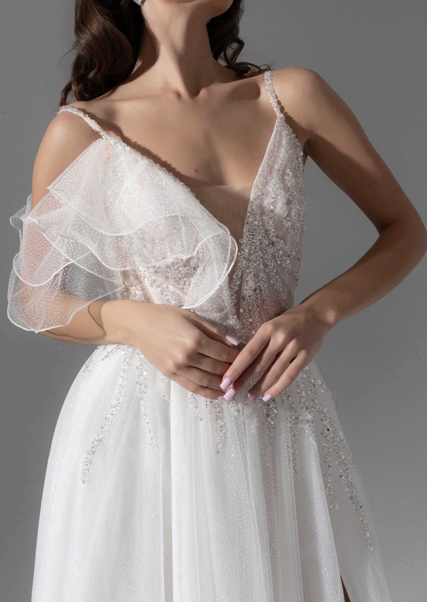 Romantic A-Line Tulle Wedding Dress with Deep V-Neck and 3D Floral Application - Adira