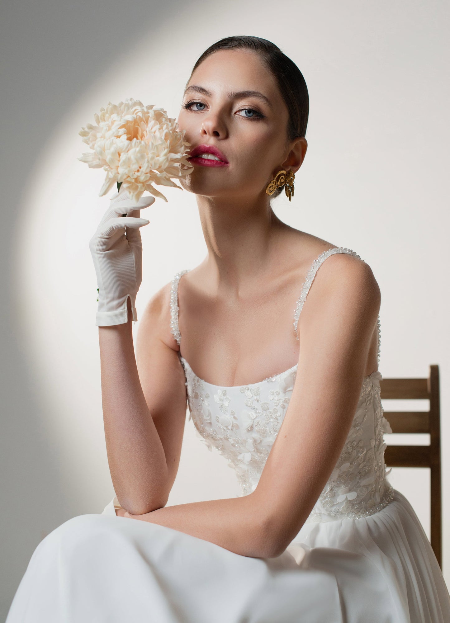 Simple Wedding Dress with 3D Floral Application Bodice and Chiffon Skirt - Aries