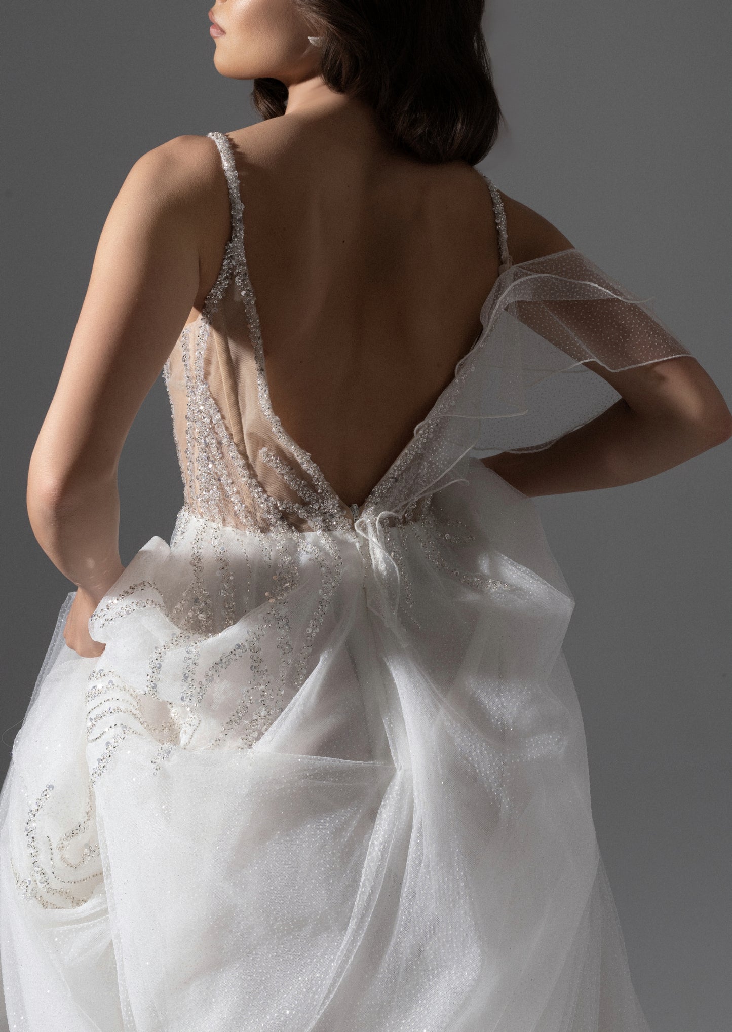 Romantic A-Line Tulle Wedding Dress with Deep V-Neck and 3D Floral Application - Adira