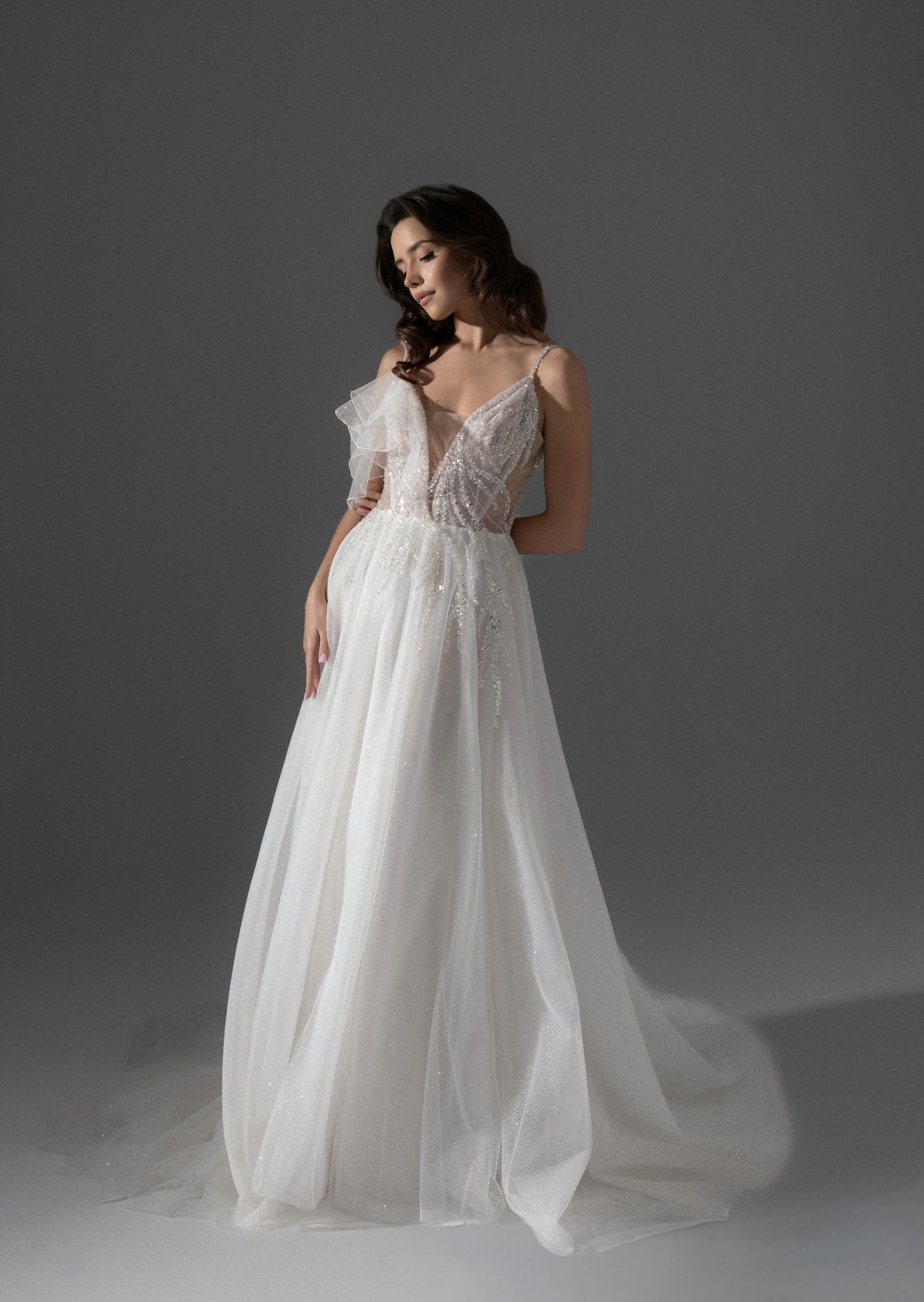 Romantic A-Line Tulle Wedding Dress with Deep V-Neck and 3D Floral Application - Adira