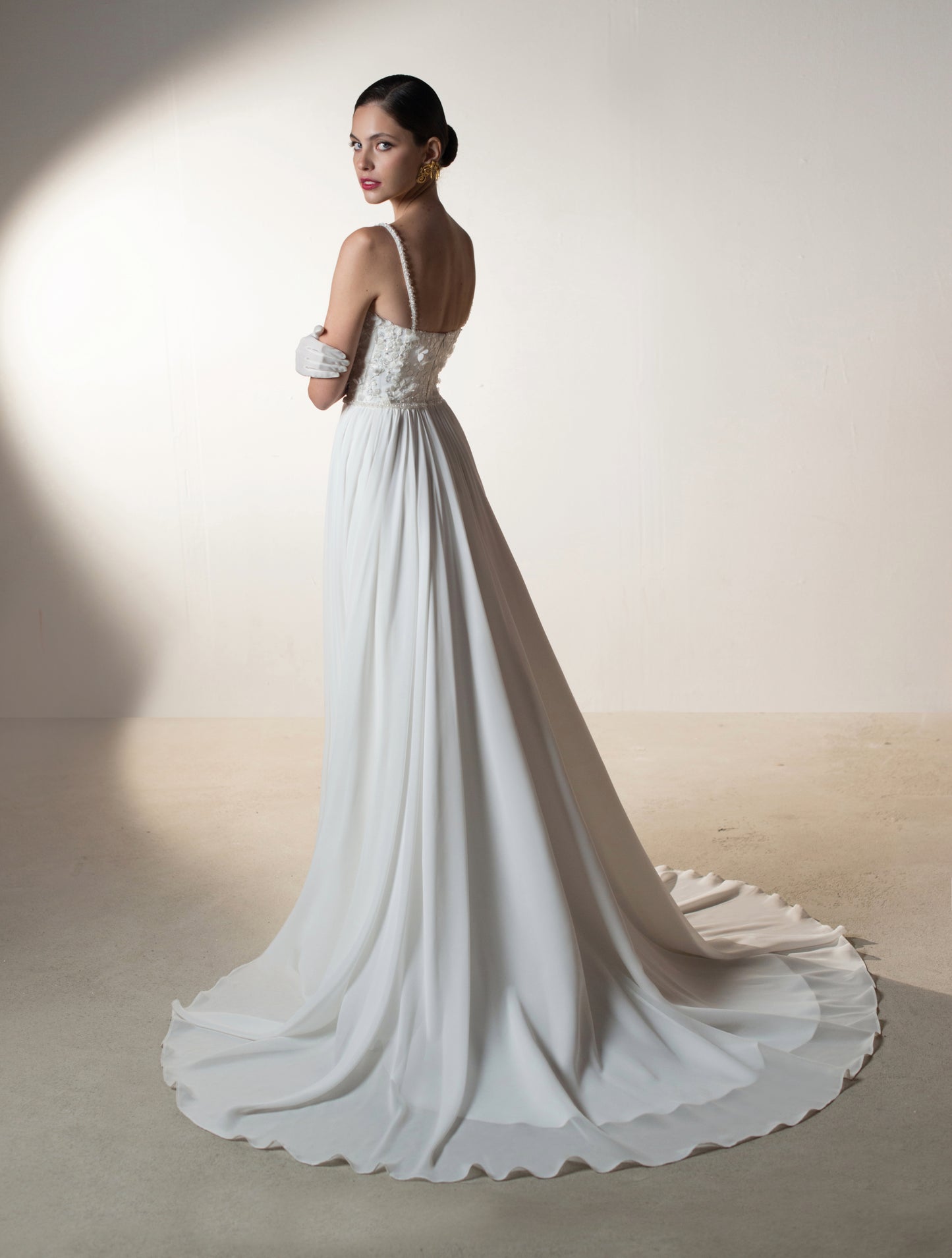 Simple Wedding Dress with 3D Floral Application Bodice and Chiffon Skirt - Aries