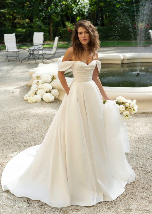 Classic Off-the-Shoulder Satin Ball Gown Wedding Dress with Pockets - Andrea