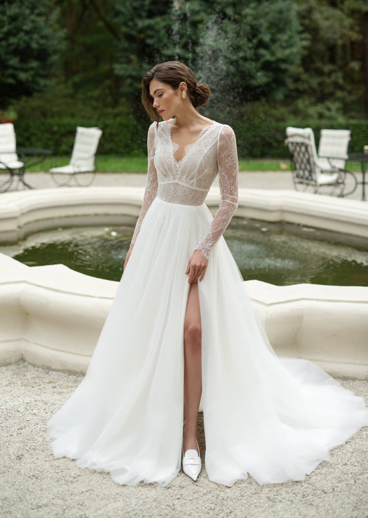 Romantic Long Lace Sleeve Wedding Dress and Ball-gown Skirt - Borgia