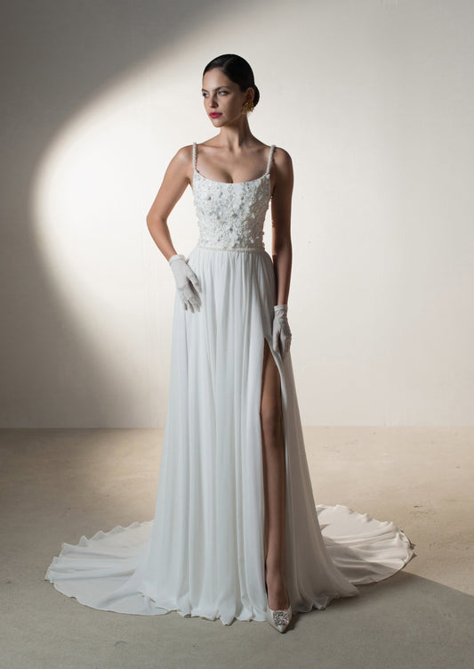 Simple Wedding Dress with 3D Floral Application Bodice and Chiffon Skirt - Aries