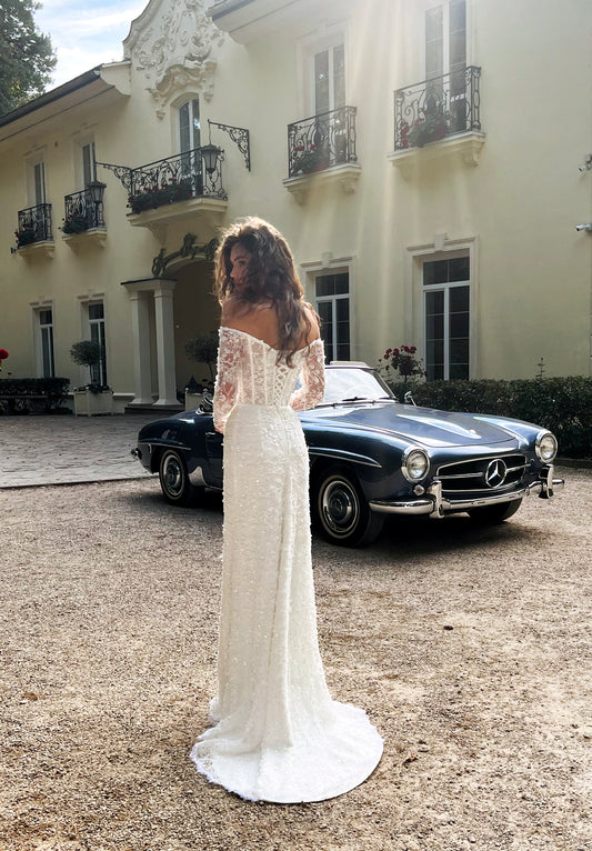 Glamorous Off-the-Shoulder Wedding Dress with Lace Sleeves and Straight Skirt - Beatrice