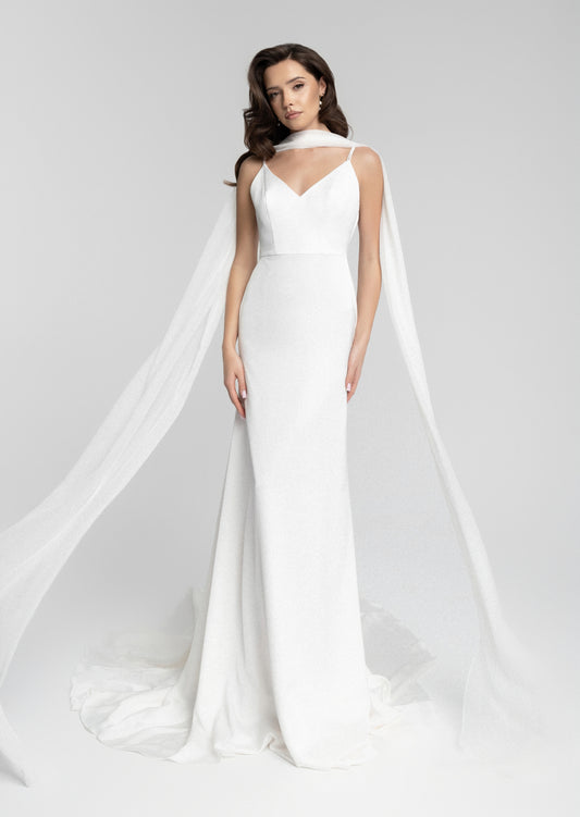 Chic Minimalist Bridal Gown with Flowy Scarf and Sleek Silhouette - Celerona