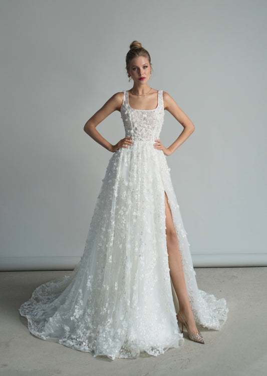 Wedding Dress with Floral Application, Scoop Neck and High Slit Skirt - Apus