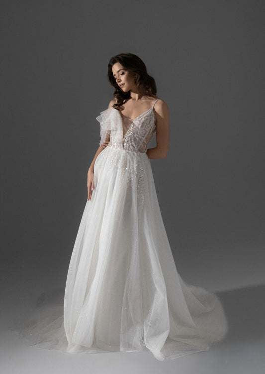 Romantic A-Line Tulle Wedding Dress with Deep V-Neck and 3D Floral Application - Adira