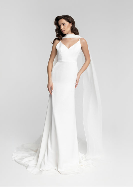 Chic Minimalist Bridal Gown with Flowy Scarf and Sleek Silhouette - Celerona