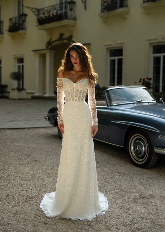 Glamorous Off-the-Shoulder Wedding Dress with Lace Sleeves and Straight Skirt - Beatrice