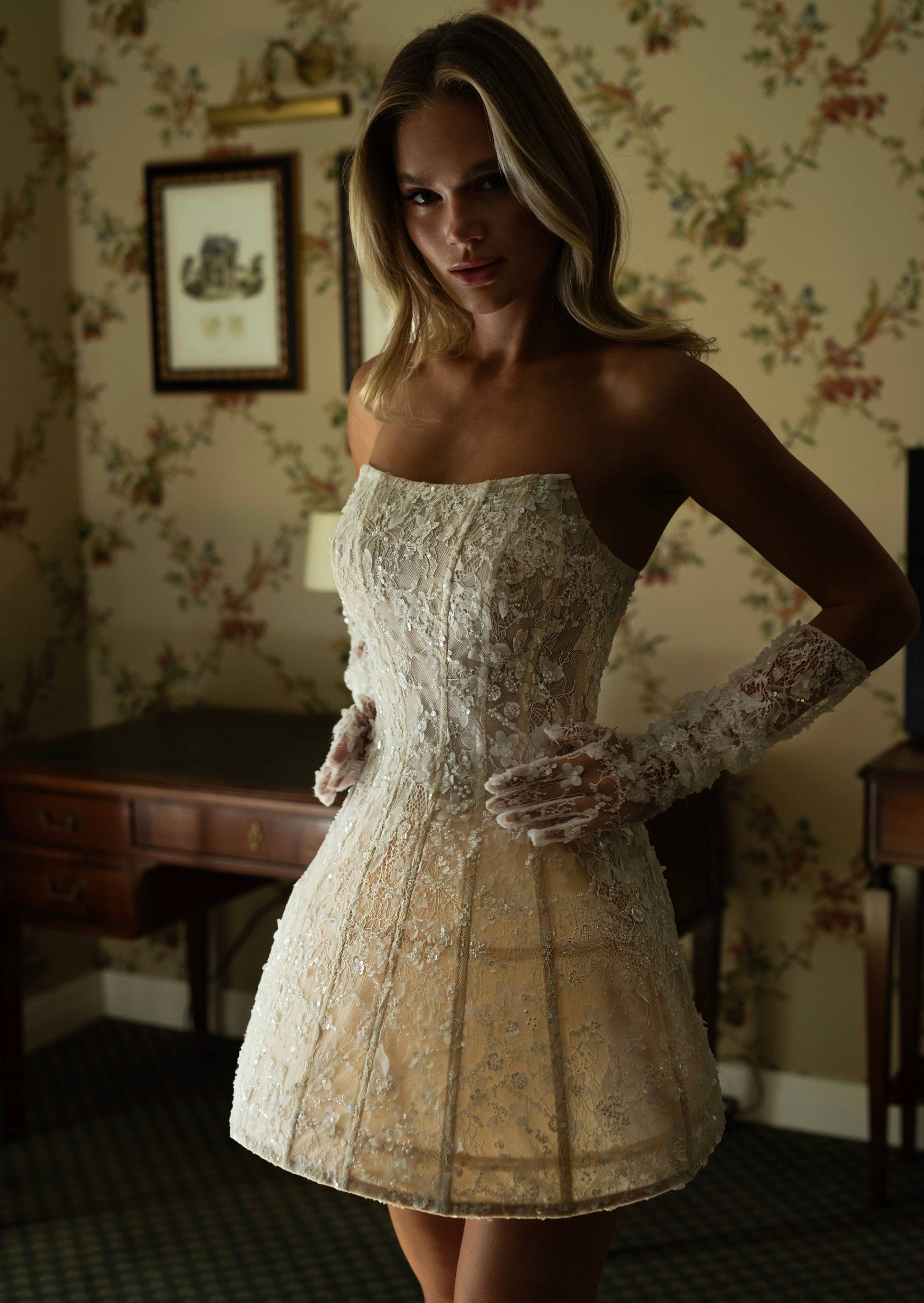 short wedding dress with corset back Short Wedding Party Dress with Sheer Pearl Sleeves and Corset Back Long Sleeves Wedding Dress Plus Size Size 16W
