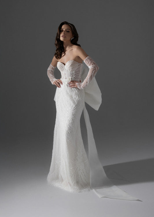 Glamorous Strapless Straight Wedding Dress with Sleeves and Oversized Bow Train - Caren