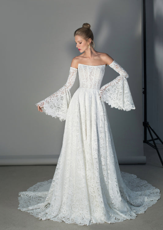 Unique Off-the-Shoulder Lace Wedding Dress with Bell Sleeves and Chapel Train - Tucana
